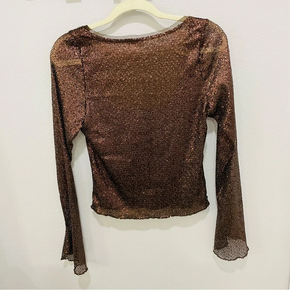 Free People Intimately Free Sheer Brown Sequins Long Bell Sleeve Top Womens XS